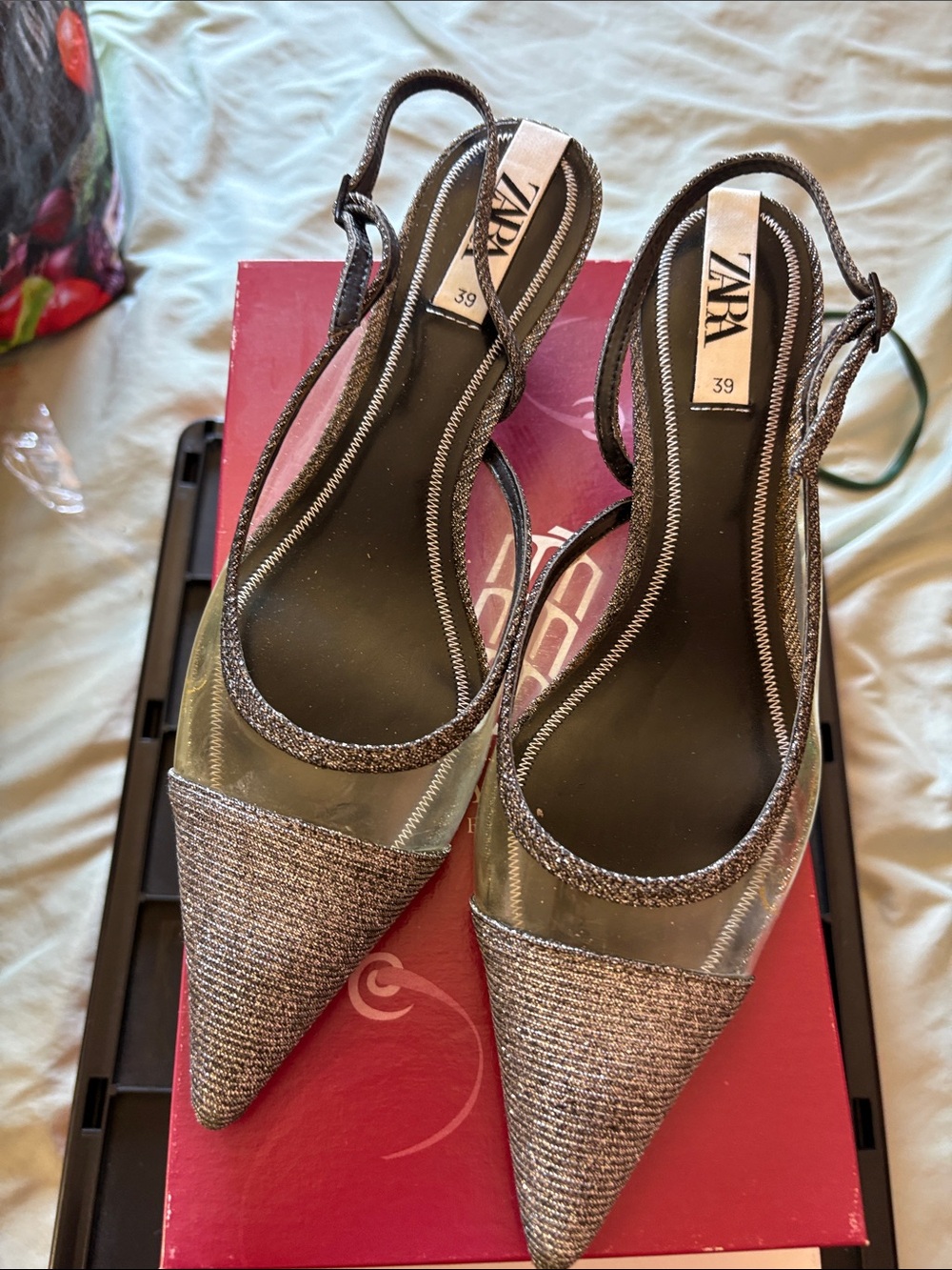 ZARA Metallic Pointed Slingback Heels - Silver